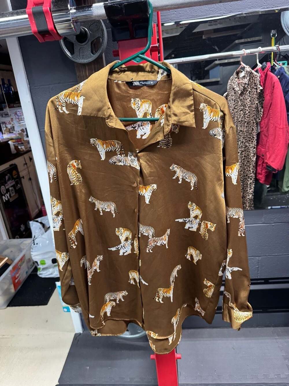 Zara Brown Tiger Print Satin Long Sleeve Button-Up Blouse